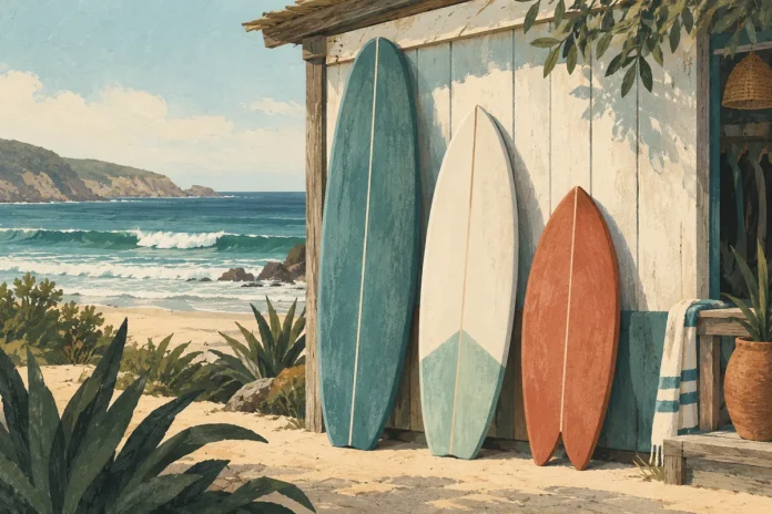 Ilustración editorial de tablas de surf de distintas formas junto al mar