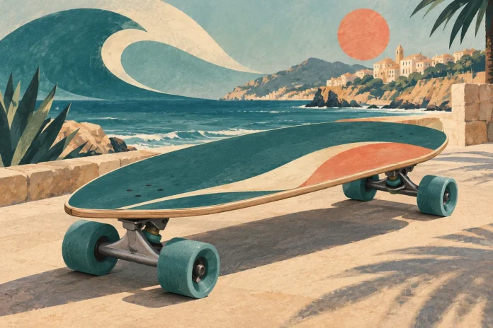 Ilustración editorial de un surfskate junto al mar
