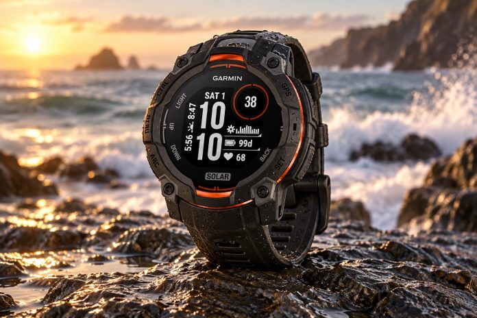Ilustración del Garmin Instinct 3 Solar junto al mar al atardecer