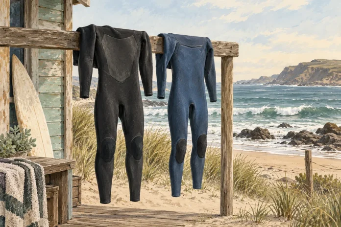 Ilustración editorial de dos neoprenos junto a una playa atlántica