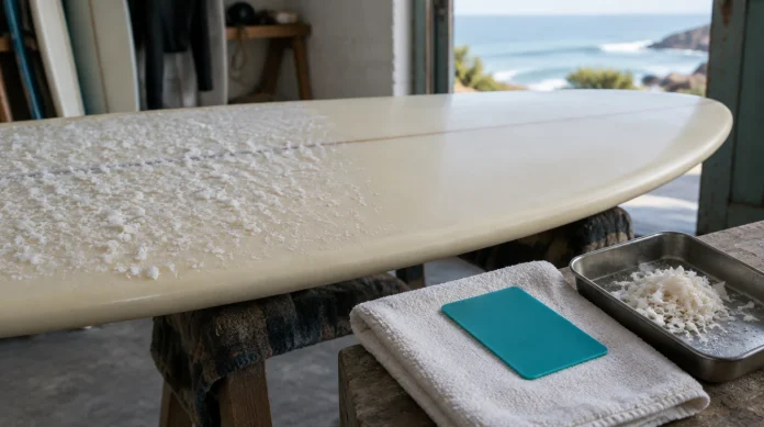 Tabla de surf con parafina, rasqueta de plástico y restos de cera recogidos en una bandeja