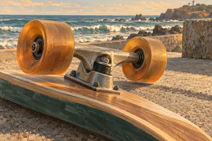 Ilustración editorial del eje y las ruedas de un surfskate junto al mar