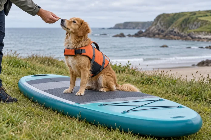 Perro con chaleco familiarizándose con una tabla de SUP en tierra, ilustración